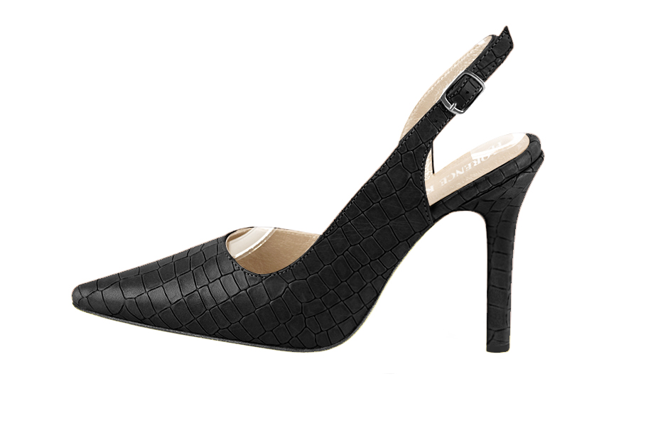 Women's satin black elegant slingback heels. Pointed toe. High slim heel - Profile view
